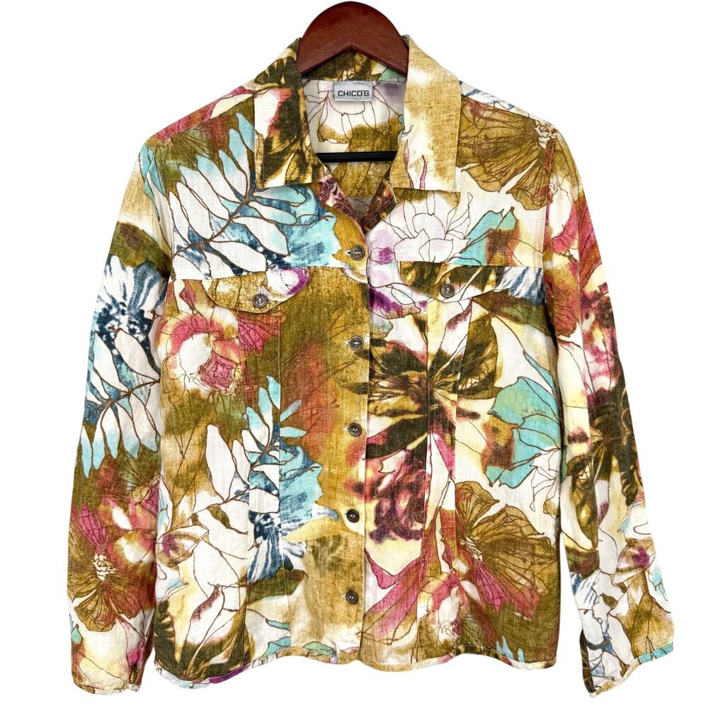 Chicos Sz 1 Medium 100% Linen Tropical Colorful Jacket Blouse Shirt Top Artsy